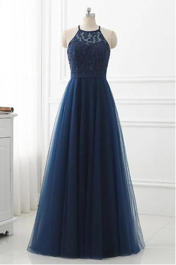 Neck Lace High Tulle Long Prom Dress