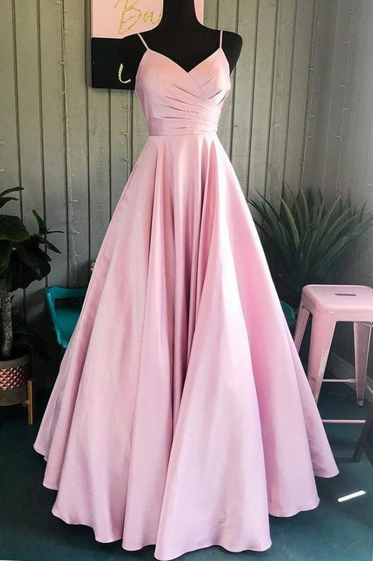 A Line V Neck Spaghetti Straps Satin Prom Dresses