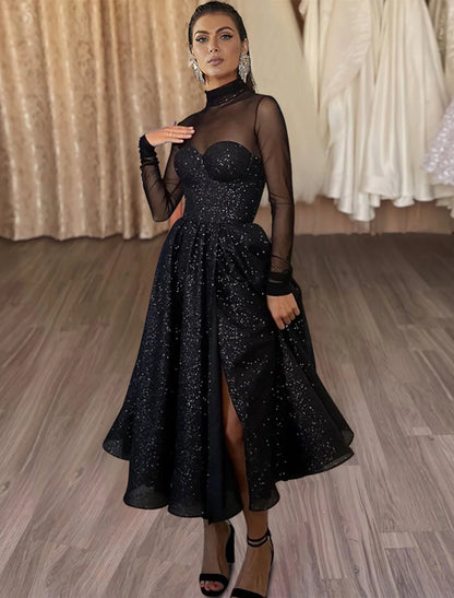 A-Line Cocktail Dresses Sparkle & Shine Dress Wedding Guest Party Wear Tea Length Long Sleeve High Neck Addams Family Tulle with Glitter Slit