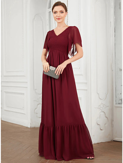 A-Line Prom Dresses Elegant Dress Wedding Guest Party Wear Floor Length Short Sleeve V Neck Chiffon with Pleats
