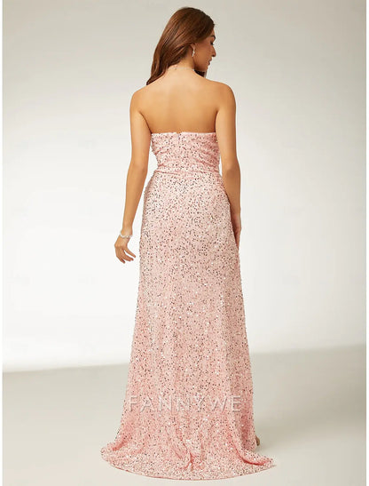 FannyWe Simple Sheath / Column Prom Dresses Beach Wedding Elegant Dress Formal Prom Floor Length Sleeveless Strapless Sequined with Glitter Sequin