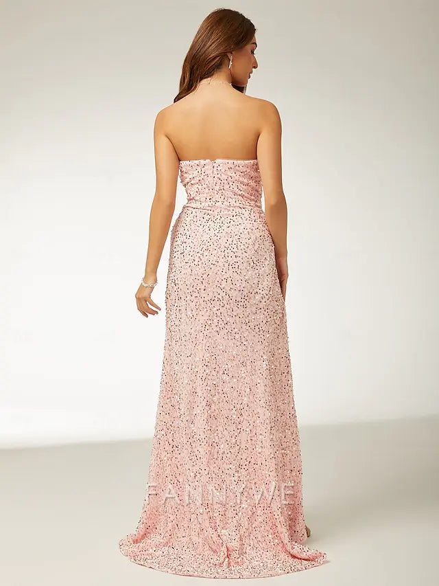 FannyWe Simple Beach Wedding Pink Sheath Sequin Prom Dresses Elegant Dress Formal Prom Floor Length Sleeveless Strapless Masquerade Dress