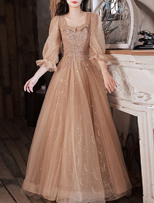 Vestidos de fiesta de corte A, brillantes y con brillo, para graduación, boda, fiesta, largo hasta el suelo, media manga, escote redondo, encaje con apliques de lentejuelas