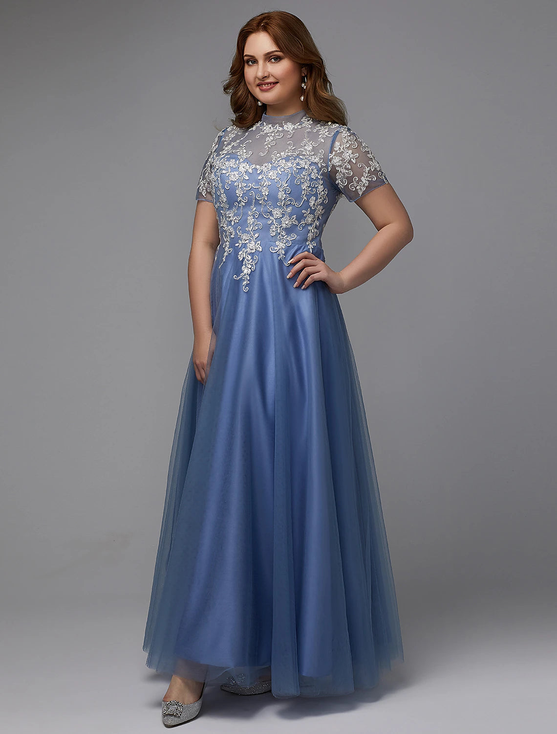 Vestido de talla grande de corte A para invitada de boda, baile de graduación, largo hasta el suelo, manga corta, cuello alto, encaje con cordones y apliques