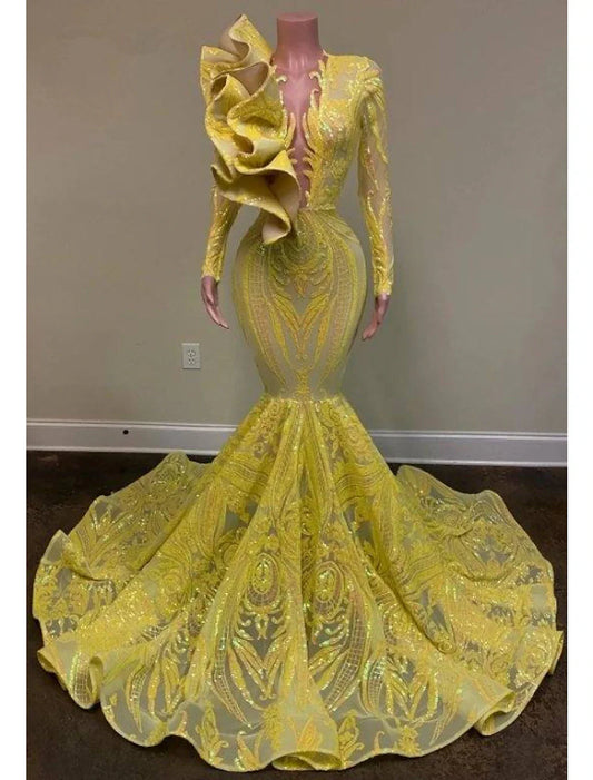 Vestido de noche de sirena/trompeta, floral, para carnaval, formal, con cola capilla, manga larga, cuello joya, afroamericano, con lentejuelas