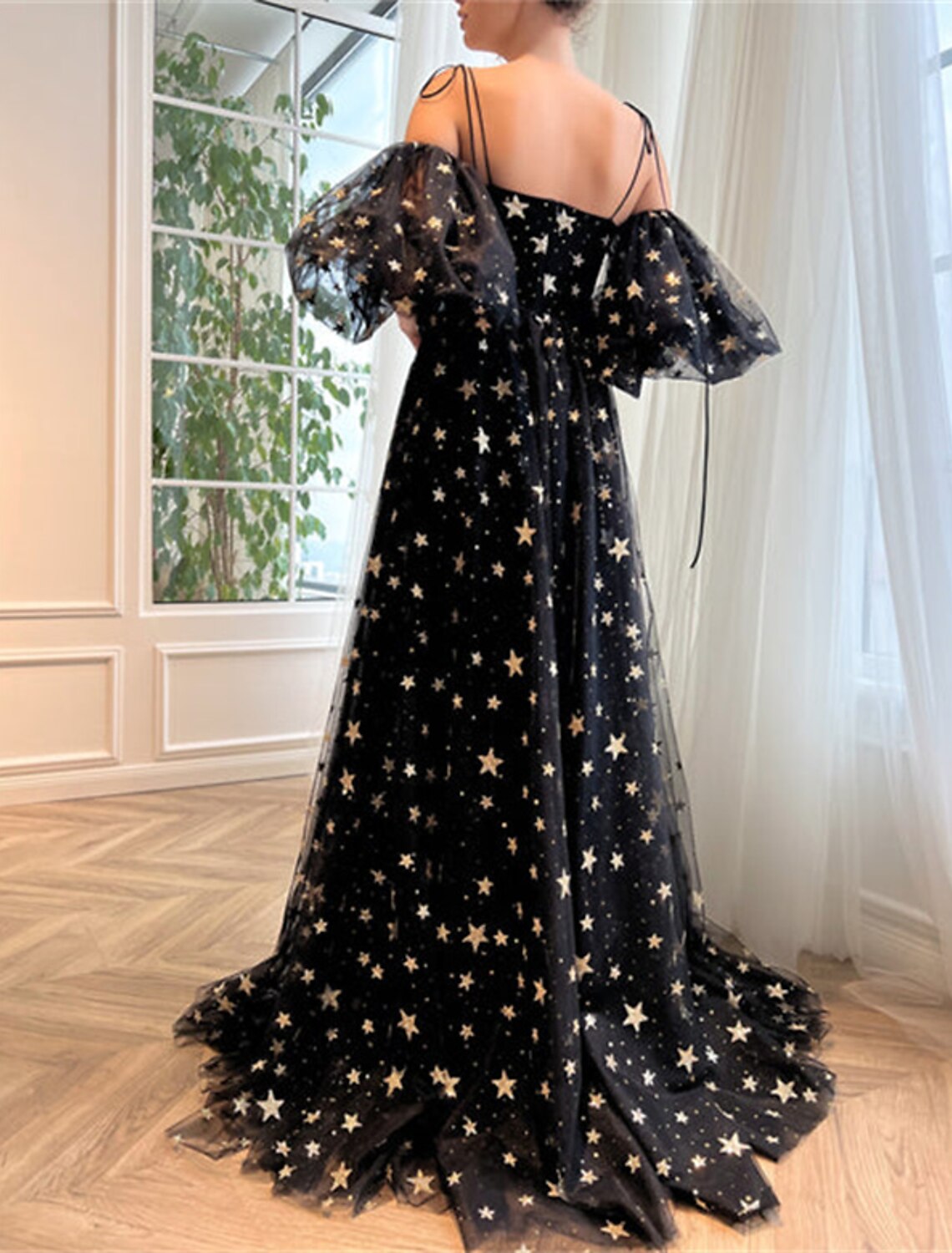 Vestidos de fiesta de corte A, brillantes y con brillo, para bodas, fiestas, cumpleaños, con cola larga/cortada, media manga, hombros descubiertos, tul con abertura con lentejuelas