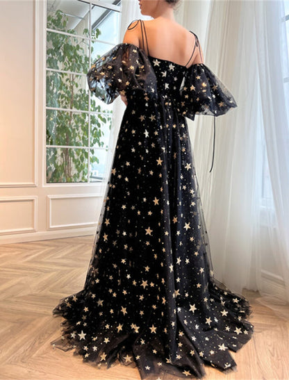 Vestidos de fiesta de corte A, brillantes y con brillo, para bodas, fiestas, cumpleaños, con cola larga/cortada, media manga, hombros descubiertos, tul con abertura con lentejuelas