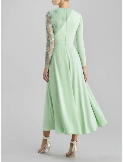 A-Line Mother of the Bride Dress Wedding Guest Party Elegant Jewel Neck Tea Length Satin Lace Long Sleeve with Ruching Solid Color