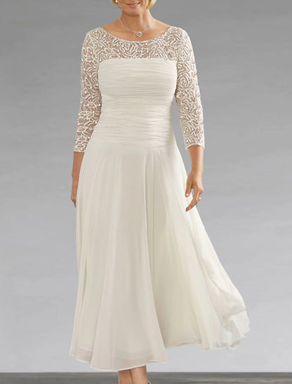 A-Line Mother of the Bride Dress Wedding Guest Elegant Jewel Neck Ankle Length Chiffon Lace 3/4 Length Sleeve with Sequin Ruching