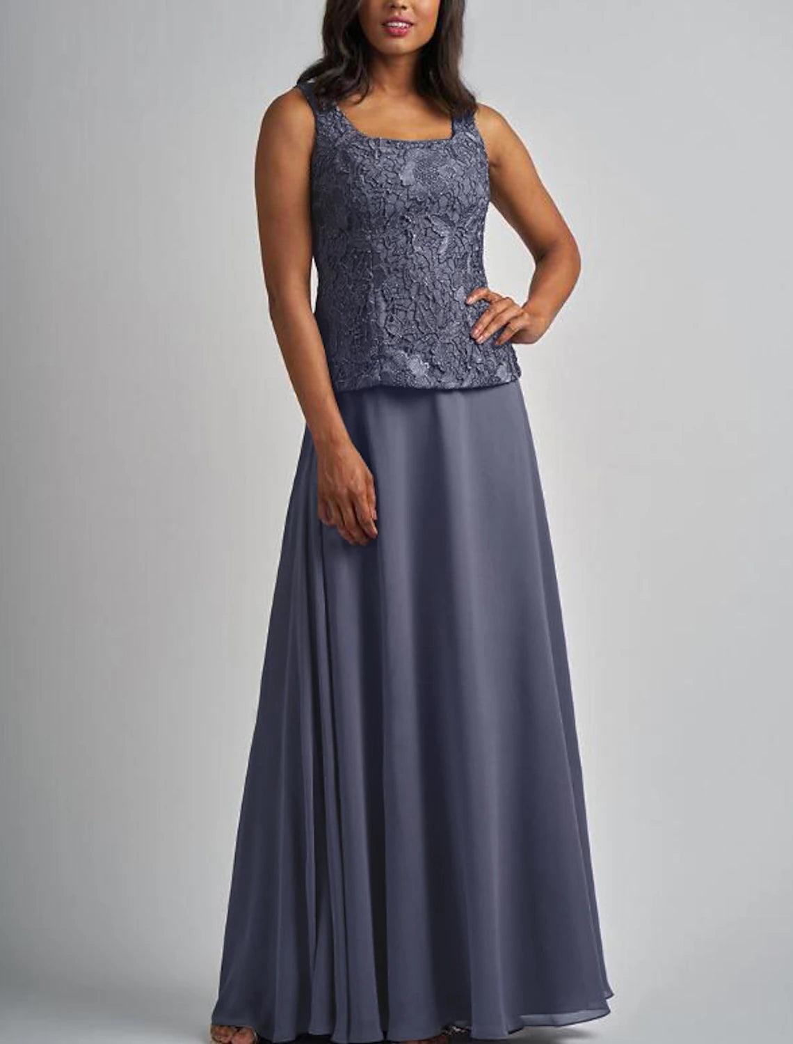 Two Piece A-Line Mother of the Bride Dress Elegant Wrap Included Square Neck Floor Length Chiffon Lace 3/4 Length Sleeve with Appliques