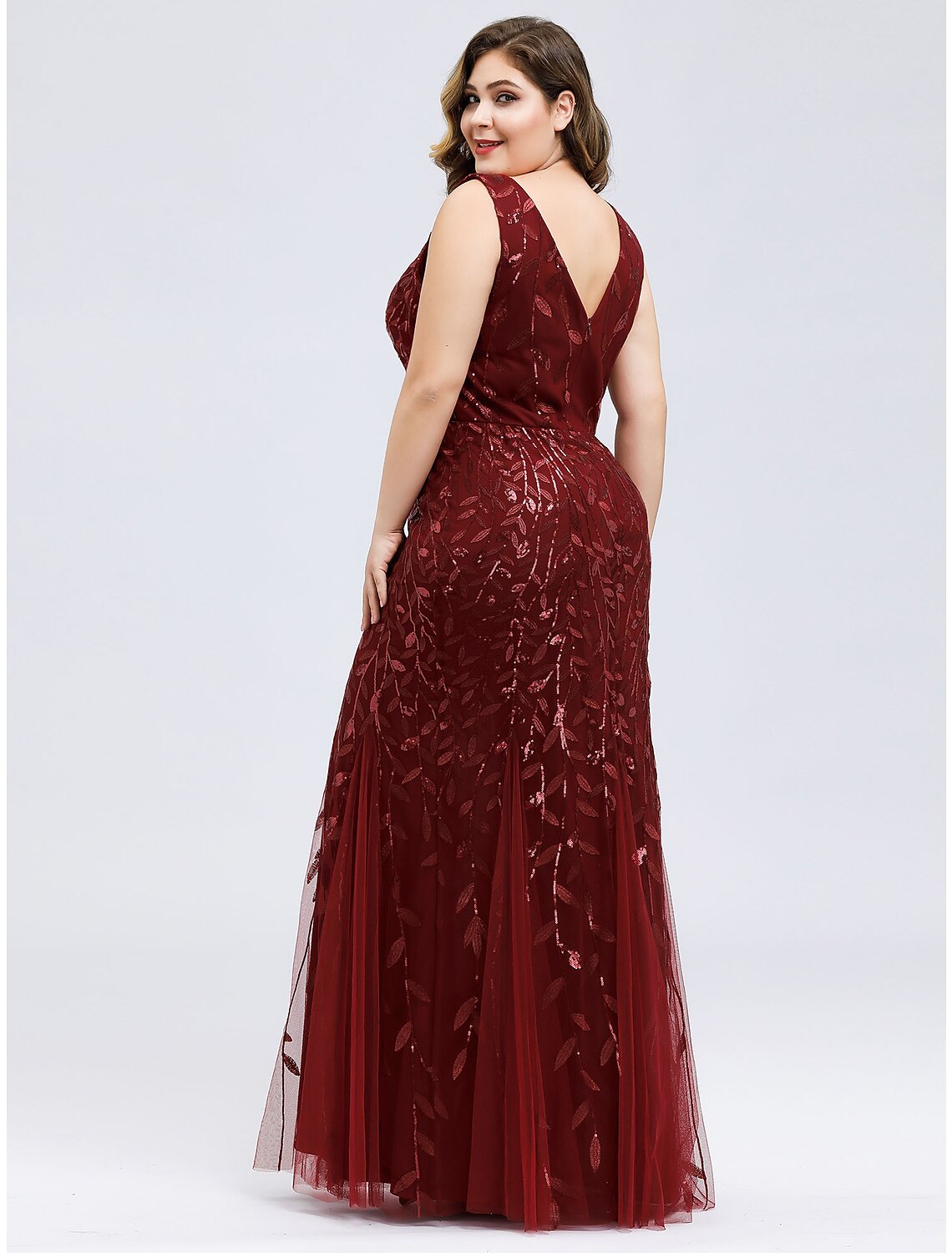 Vestido de noche de sirena/trompeta, talla grande, para invitados de boda, de compromiso, largo hasta el suelo, sin mangas, escote en V, encaje, espalda en V con apliques