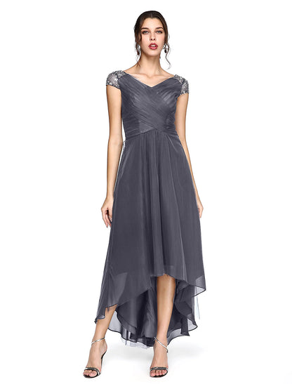 Sheath / Column Minimalist Dress Wedding Guest Prom Asymmetrical Short Sleeve V Neck Bridesmaid Dress Tulle V Back with Criss Cross Pleats Beading