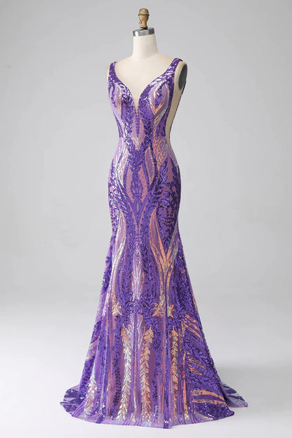 Vestido de fiesta largo con lentejuelas y escote en V de sirena