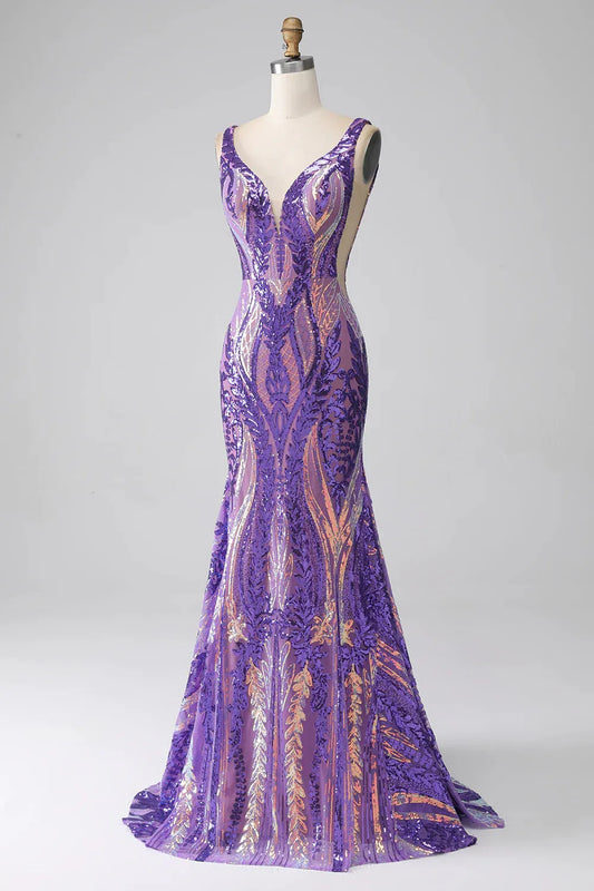 Mermaid V Neck Sequins Long Prom Dress