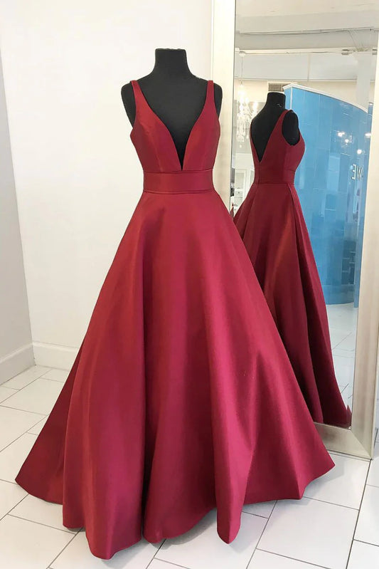 V neck satin long prom dress