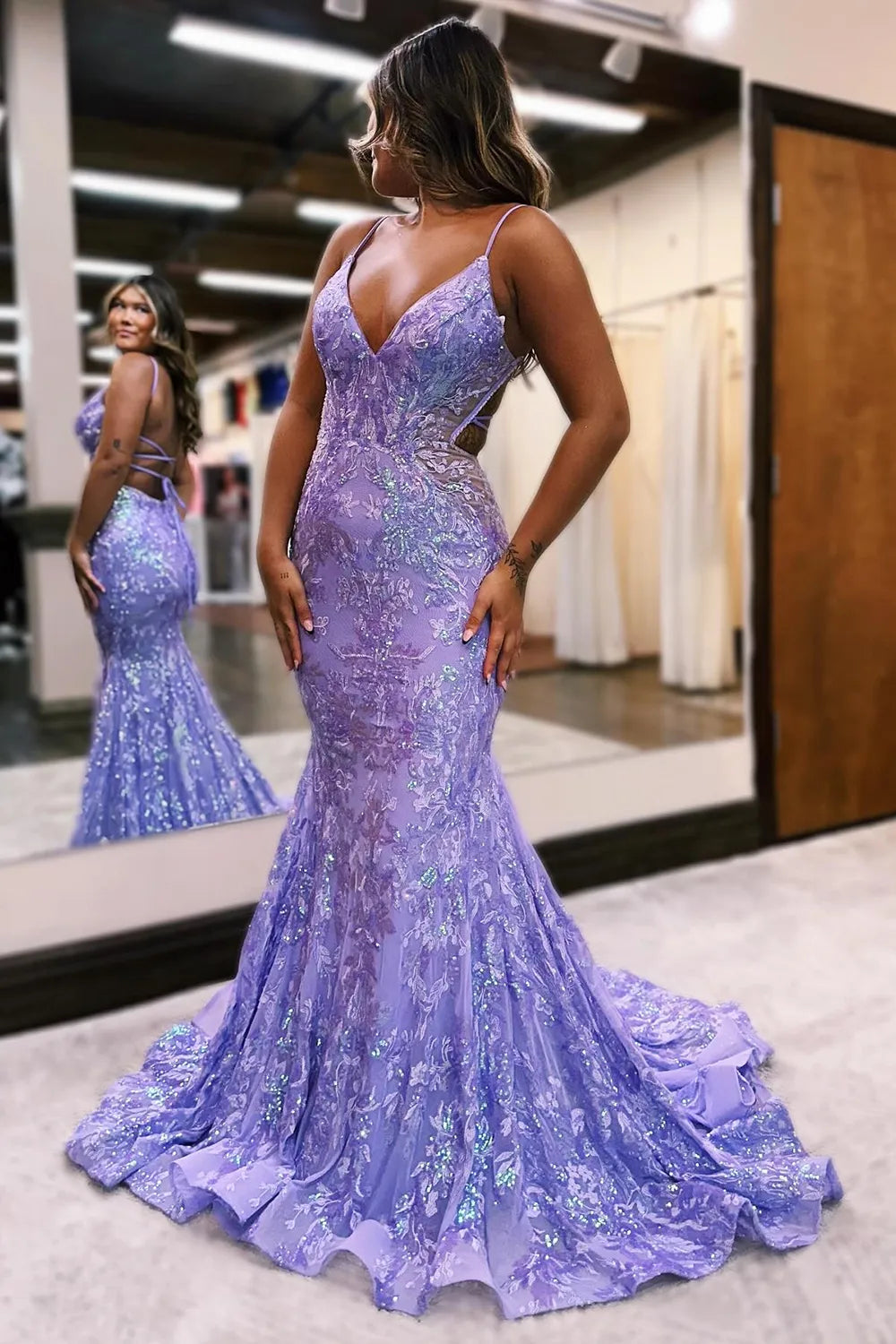 Meerjungfrau Glitzernde Spaghettiträger Pailletten Langes rückenfreies Ballkleid