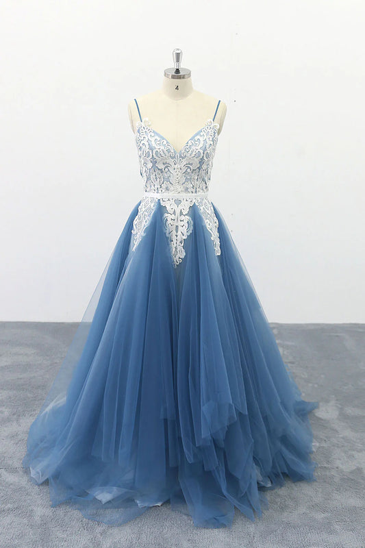 V neck tulle lace long prom dress