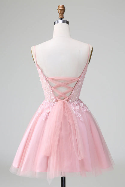 A Line Cute Glitter Beaded Corset Tulle Homecoming Dress with Appliques
