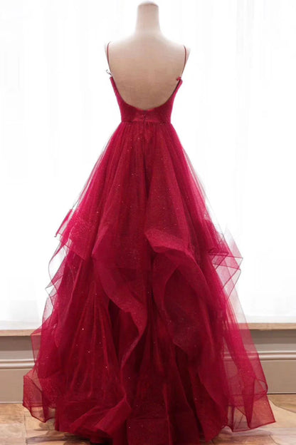 V neck tulle long prom dress