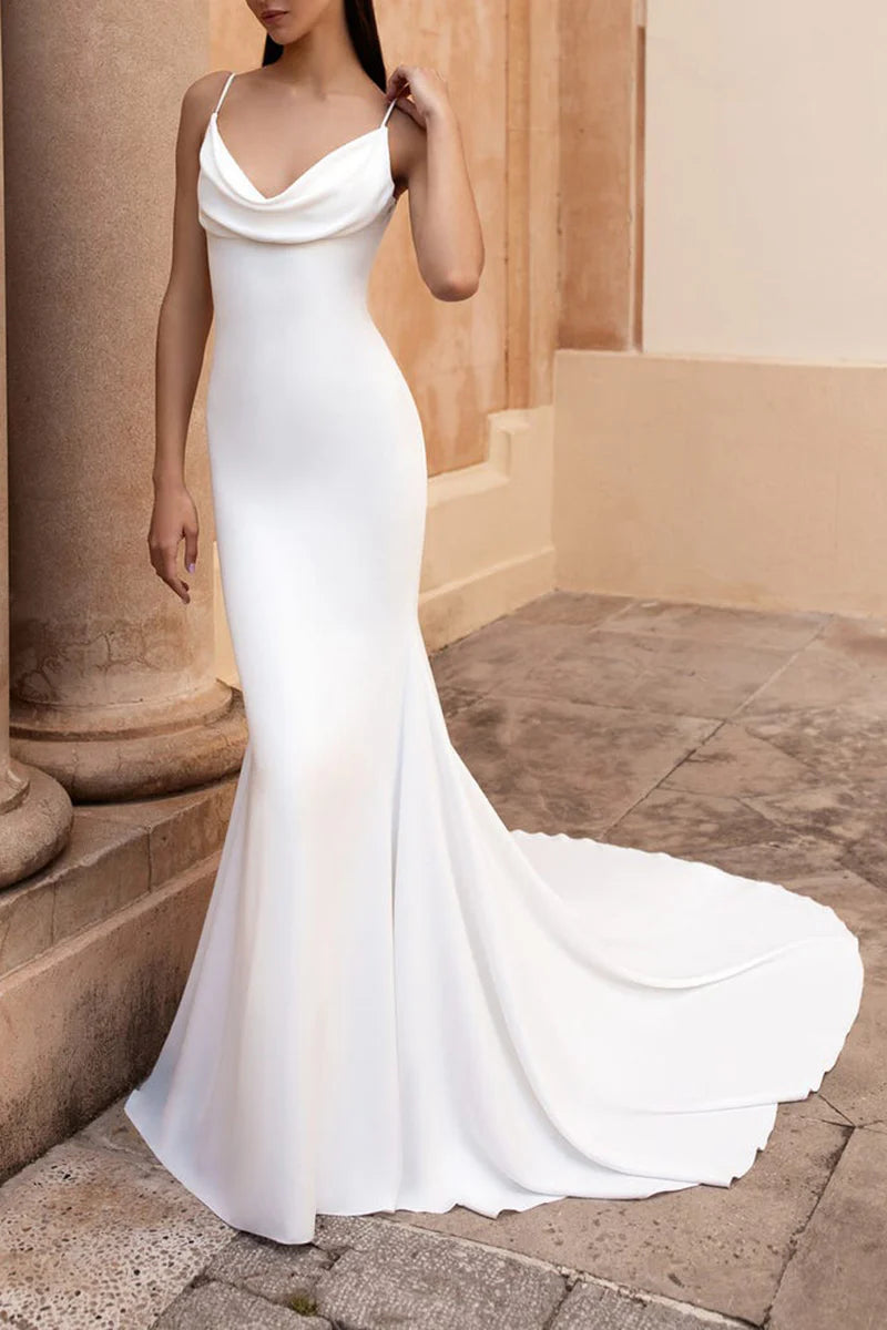 Mermaid Spaghetti Straps Simple Wedding Dress With Satin Court Train