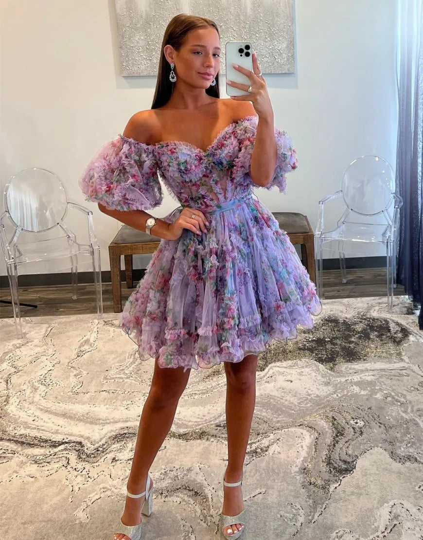 A-Line Sweet Off The Shoulder Short Tulle Homecoming Dresses Party Dress