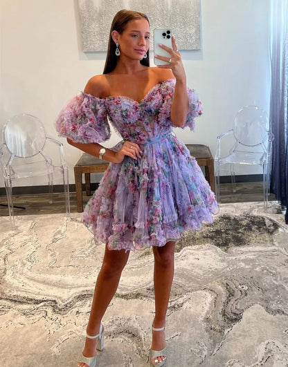A-Line Sweet Off The Shoulder Short Tulle Homecoming Dresses Party Dress
