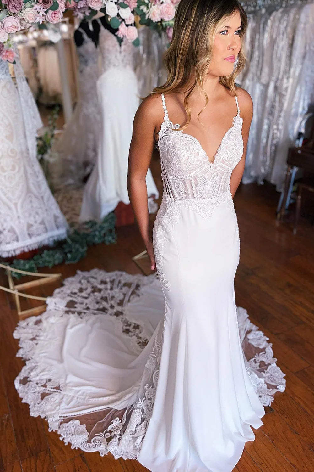 Boho Mermaid Spaghetti Straps Lace Long Wedding Dress