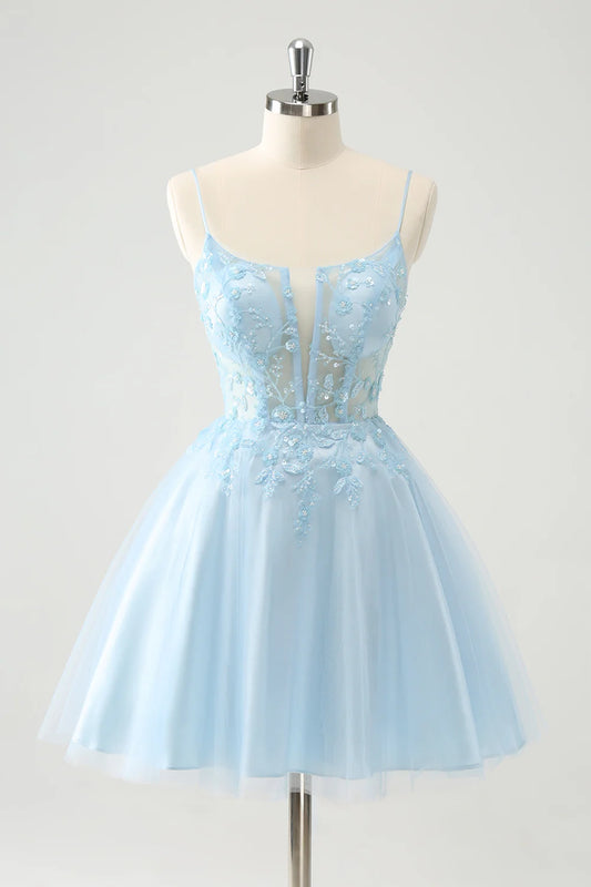 A Line Cute Glitter Beaded Corset Tulle Homecoming Dress with Appliques