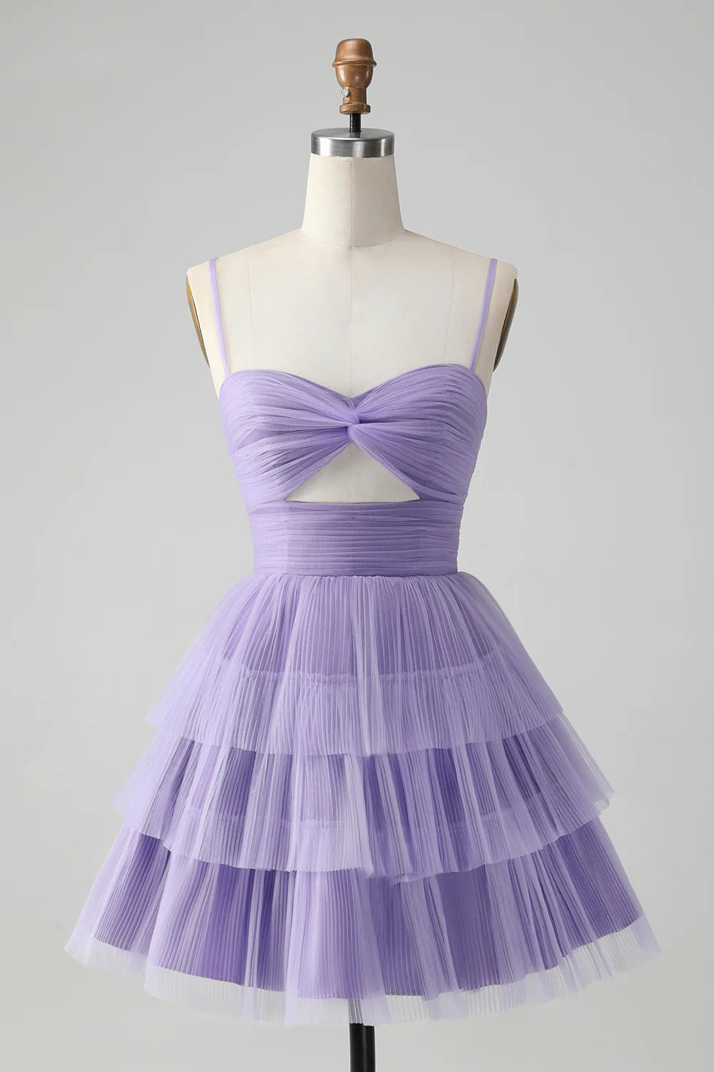 A Line Cute Purple Spaghetti Straps Tulle Tiered Short Homecoming Dress