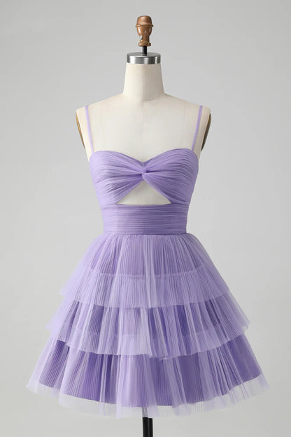 A Line Cute Purple Spaghetti Straps Tulle Tiered Short Homecoming Dress