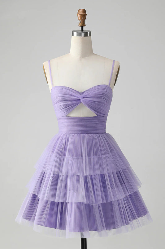A Line Cute Purple Spaghetti Straps Tulle Tiered Short Homecoming Dress