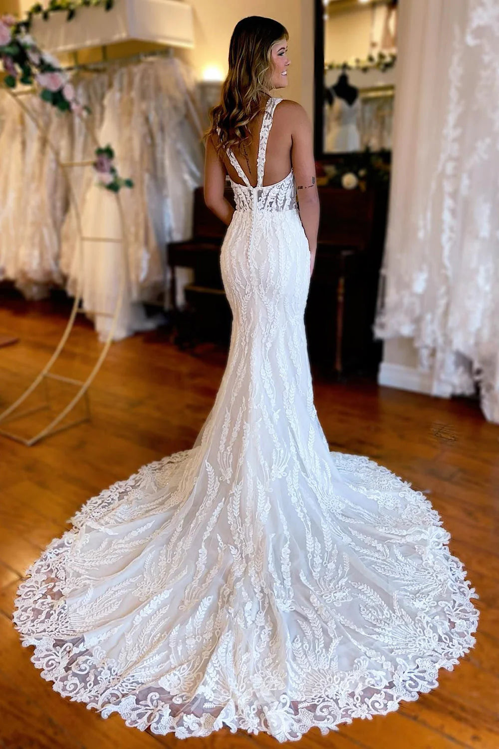 Sheath V Neck Long Lace Wedding Dress