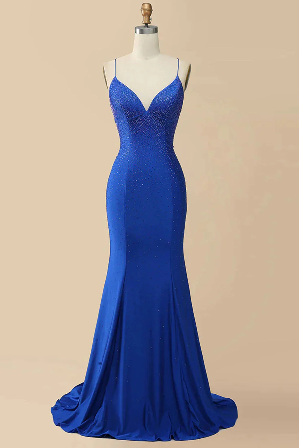 Vestido de fiesta largo de sirena con tirantes finos y espalda cruzada