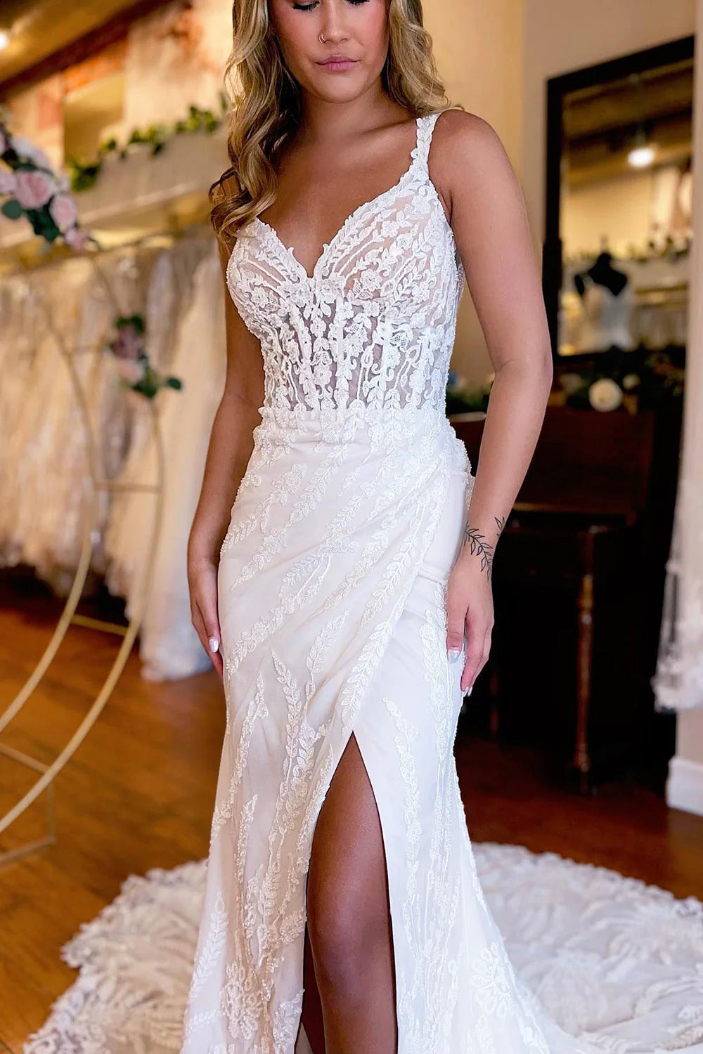 Sheath V Neck Long Lace Wedding Dress