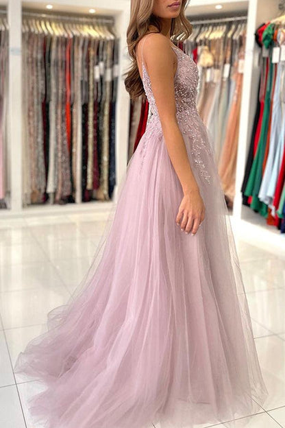 A Line V Neck Tulle Long Prom Dresses