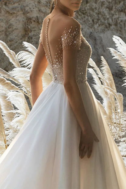 Vestido de novia formal de playa, corte A, mangas cortas y cuentas