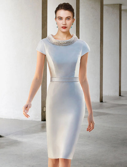 Two Piece Sheath / Column Mother of the Bride Dress Wedding Guest Church Elegant Jewel Neck Knee Length Satin Cap Sleeve Jacket Dresses with Sash / Ribbon Bow(s) Beading