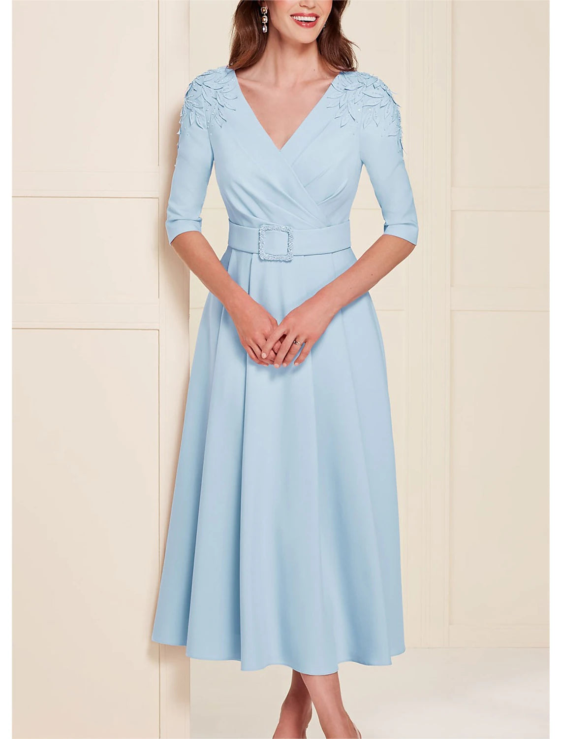 A-Line Mother of the Bride Dress Formal Wedding Guest Elegant Scoop Neck V Neck Tea Length Chiffon Half Sleeve with Bow(s) Sequin