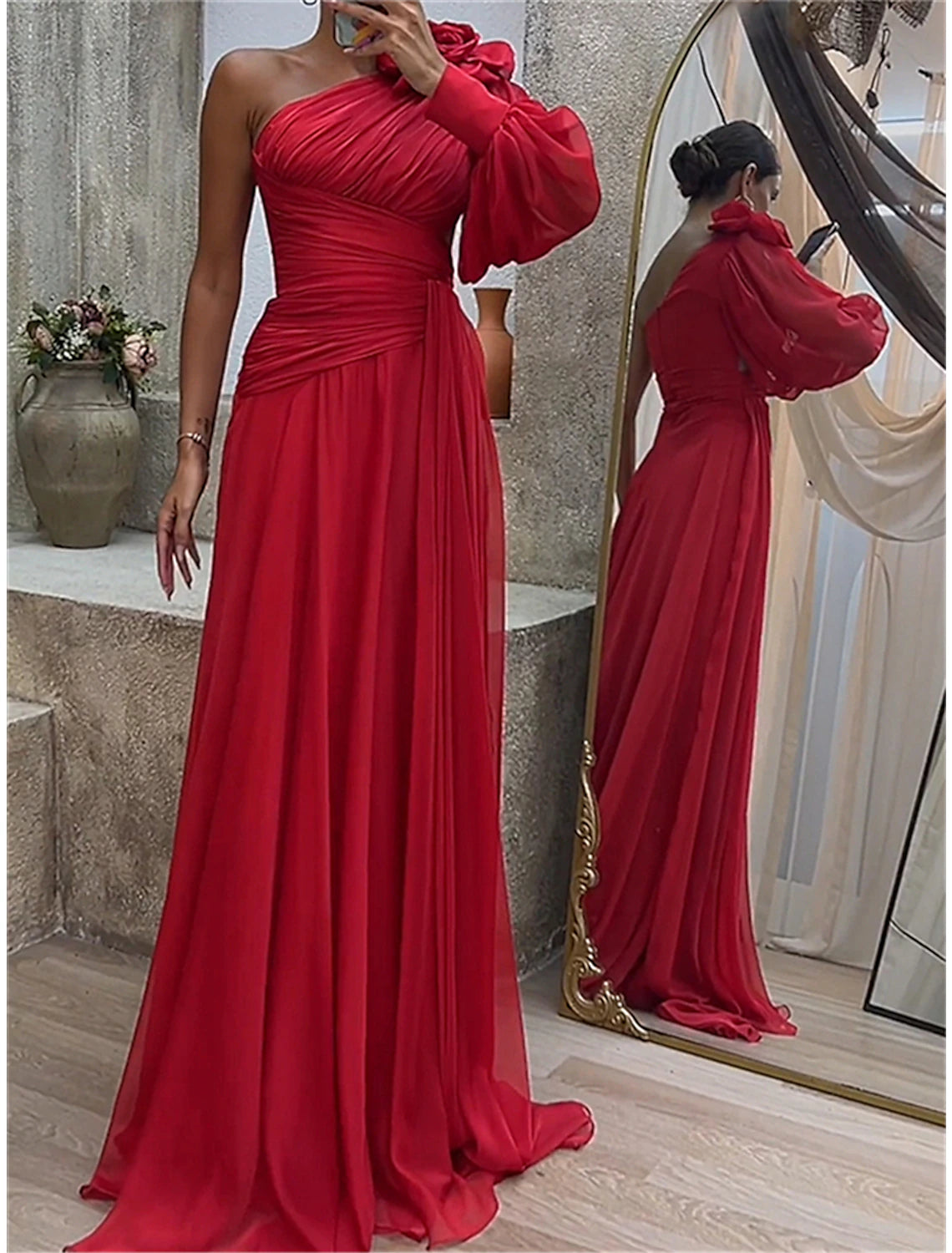 Women's Prom Dress Party Dress Wedding Guest Dress Long Dress Maxi Dress Red Long Sleeve Pure Color Ruched Spring Fall Winter One Shoulder