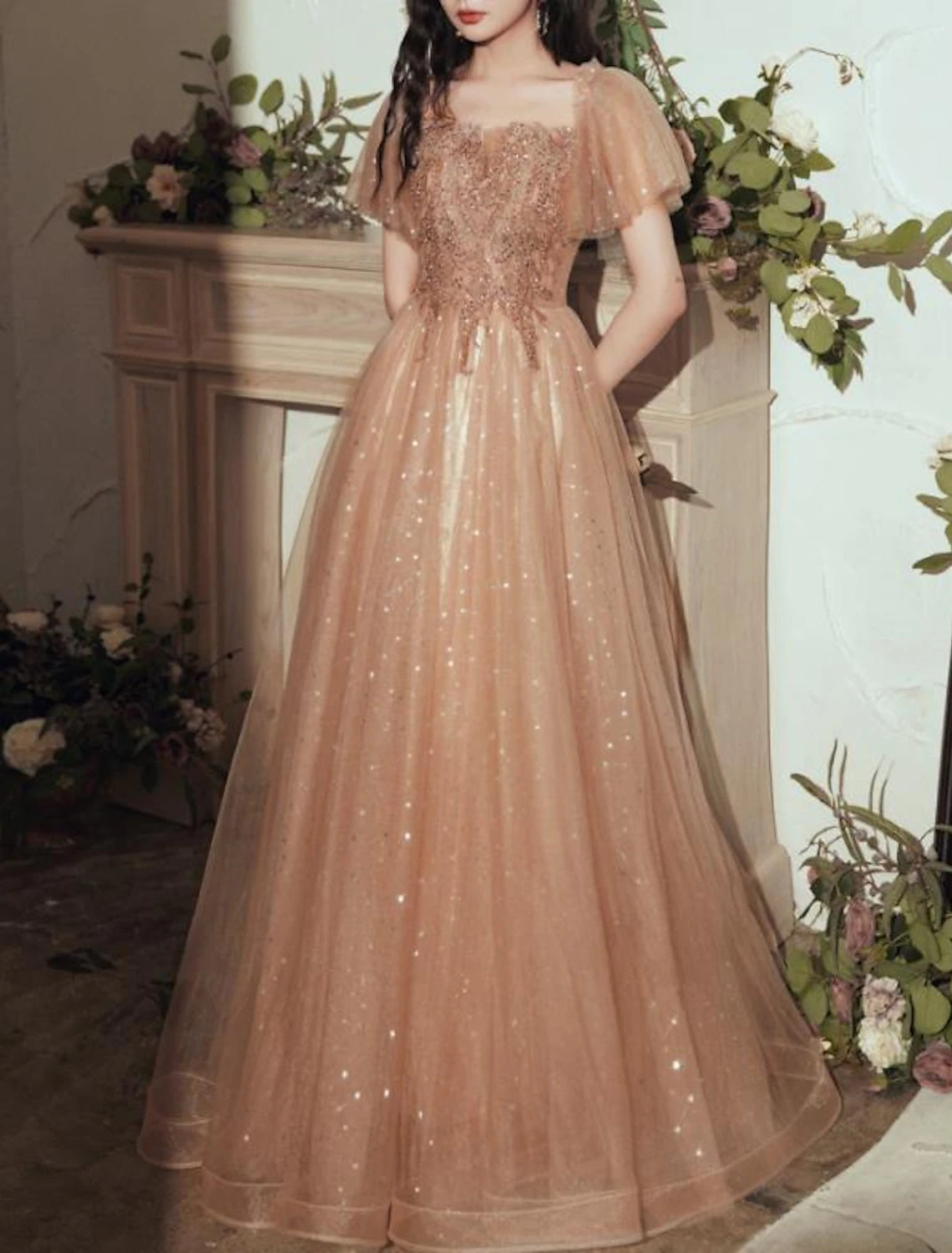 A-Linien-Partykleid, glitzernd, elegant, für Hochzeitsgäste, formelles Abendkleid, U-Ausschnitt, kurze Ärmel, bodenlang, Tüll mit Falten, Pailletten