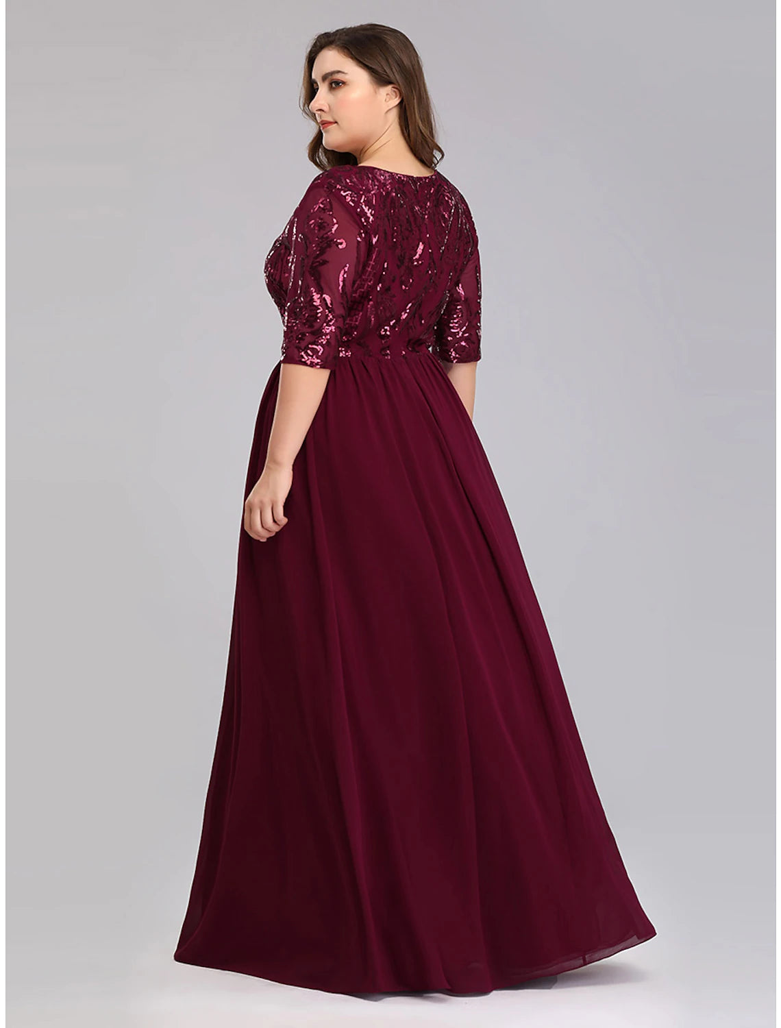 A-Line Prom Dresses Plus Size Dress Wedding Guest Floor Length Half Sleeve Plunging Neck Chiffon