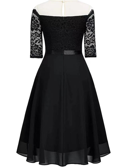 A-Line Cocktail Dresses Vintage Dress Party Wear Cocktail Party Knee Length Half Sleeve Jewel Neck Fall Wedding Guest Lace with Pleats
