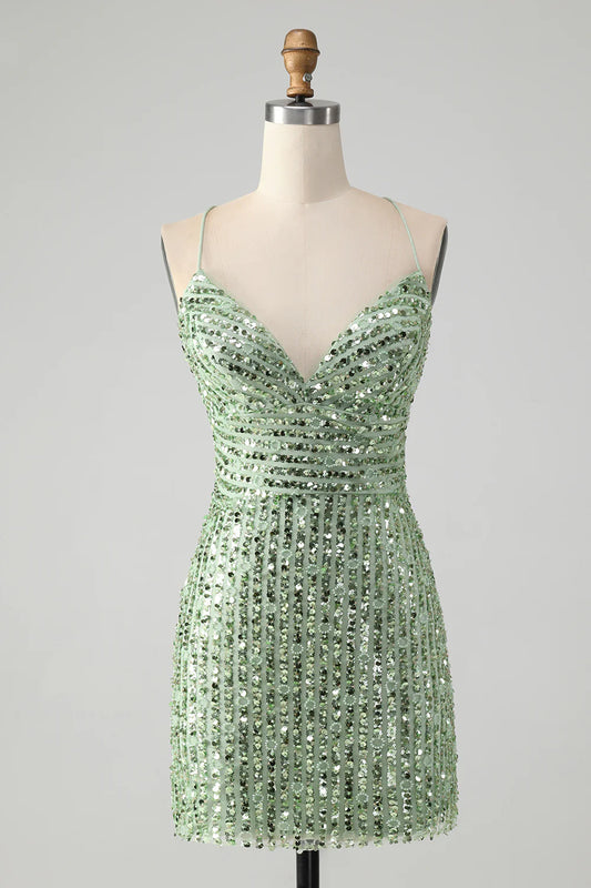 Sparkly Tight Sequins Short Homecoming Dress with Lace Up Back