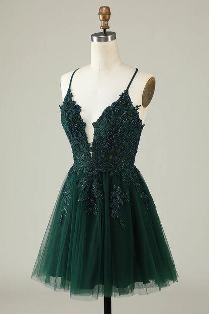 A Line Spaghetti Straps Short Homecoming Dress with Appliques