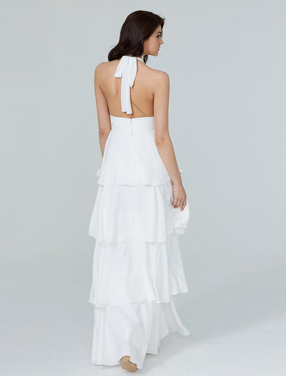 Vestido de dama de honor con corte tubo/columna, cuello halter, sin mangas, hermosa espalda, largo hasta el suelo, de gasa con faja/cinta/lazo(s)/fruncido.