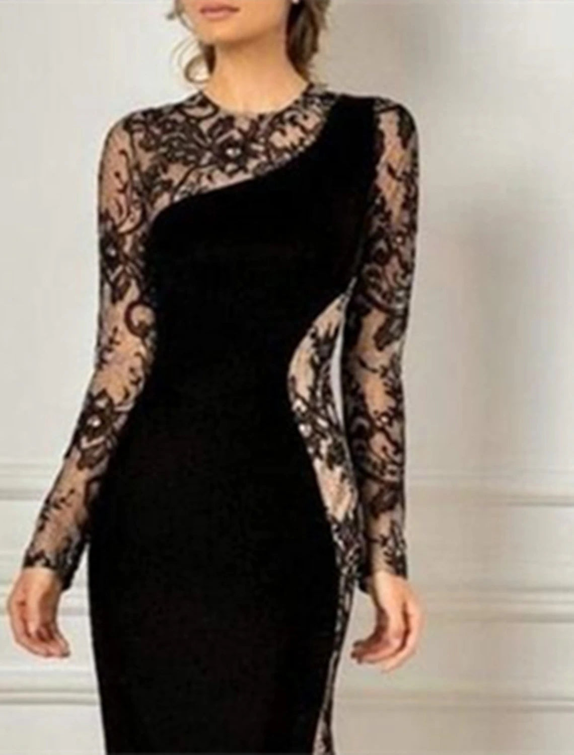 Mermaid / Trumpet Mother of the Bride Dress Wedding Guest Elegant Black Dress Party Jewel Neck Floor Length Lace Velvet Long Sleeve No with Appliques Color Block