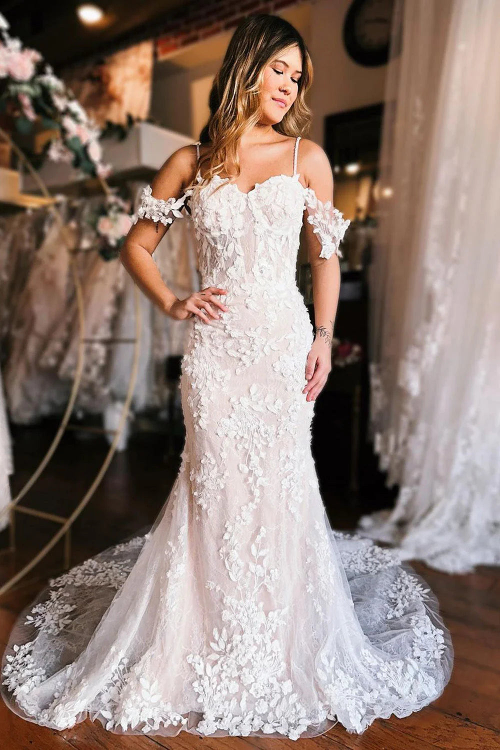 Mermaid Off the Shoulder Train Wedding Dress