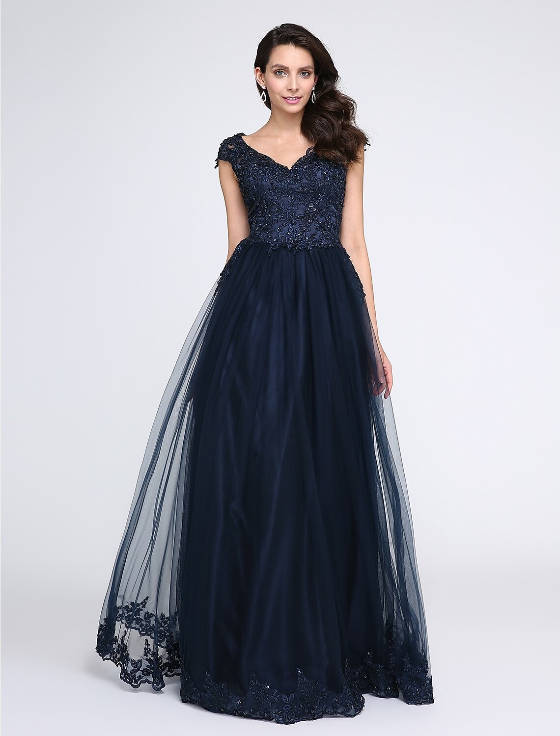 A-Line Little Black Dress Dress Wedding Guest Floor Length Sleeveless V Neck Tulle with Appliques