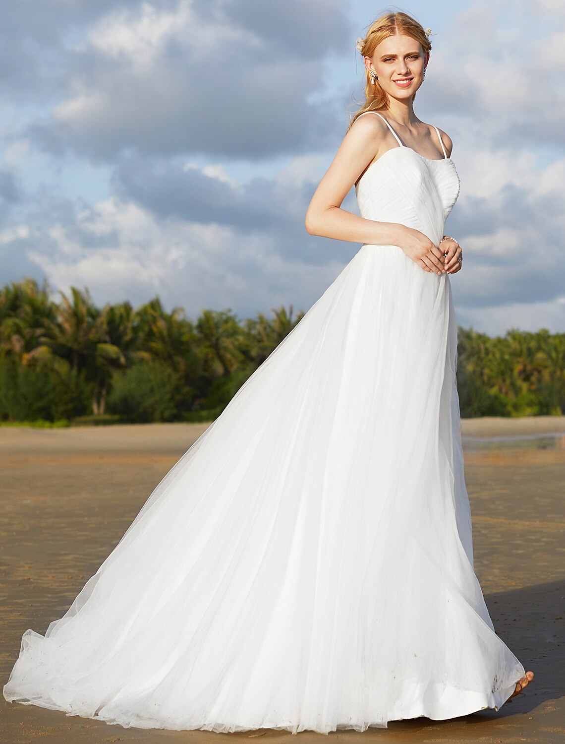 Strand-Brautkleider A-Linie Spaghettiträger Ärmellos Sweep/Pinsel Schleppe Chiffon Brautkleider Mit Schärpen/Bändern