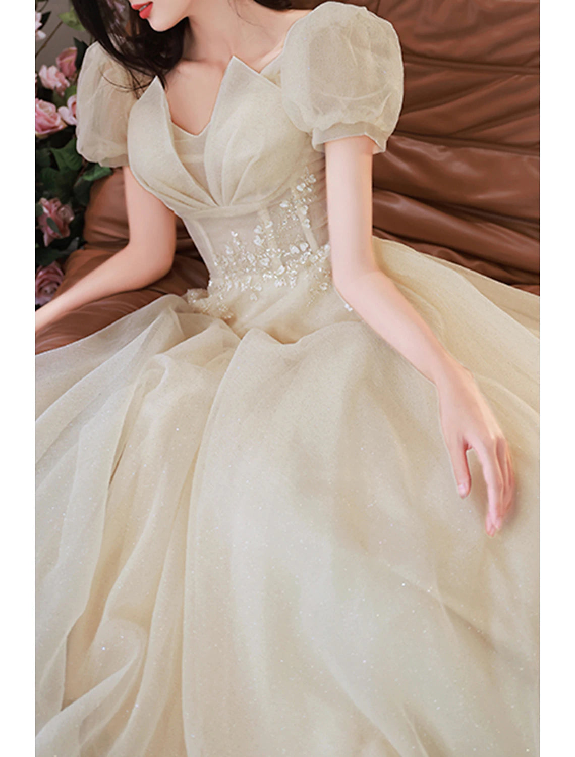 Vestido de fiesta de graduación de corte A, brillante y con brillo, para el día de San Valentín, largo hasta el suelo, manga corta, cuello en V, tul con lentejuelas